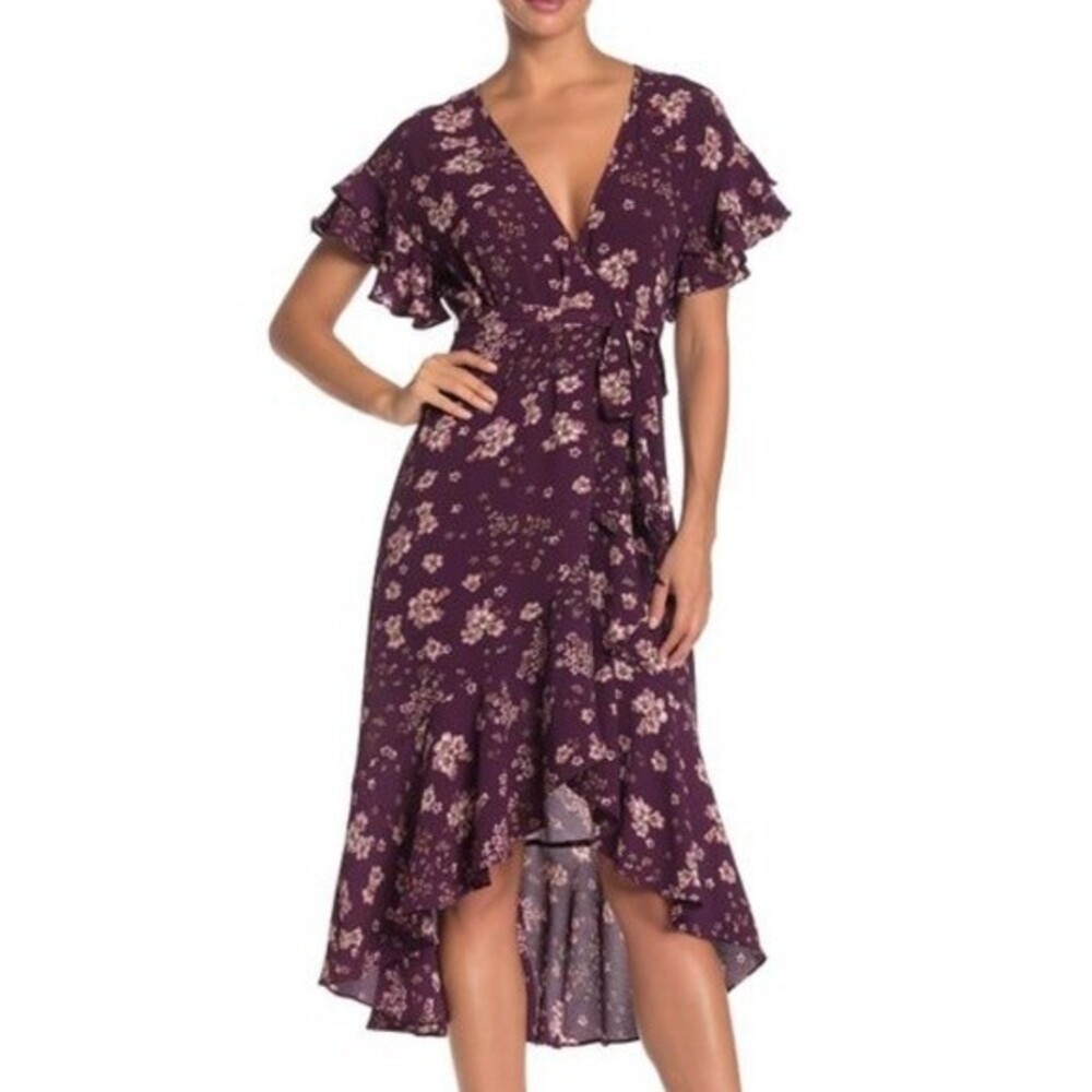 NWT Max Studio Purple Floral Ruffle Crepe High/low Wrap Dress, Size XS